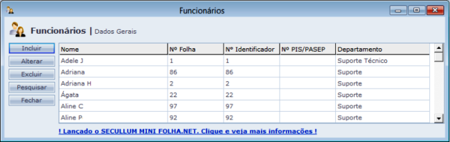 Tela de Cadastro de Funcionários - exemplo de link