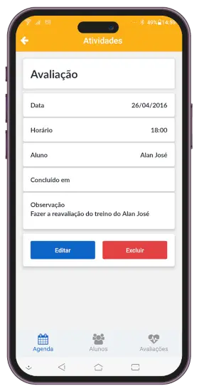 Imagem de um celular mostrando o aplicativo Secullum Academia