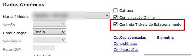 Dados Genéricos - opção Controla Tickets do Estacoinamento