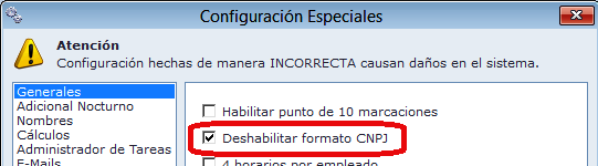 Configuración Especiales