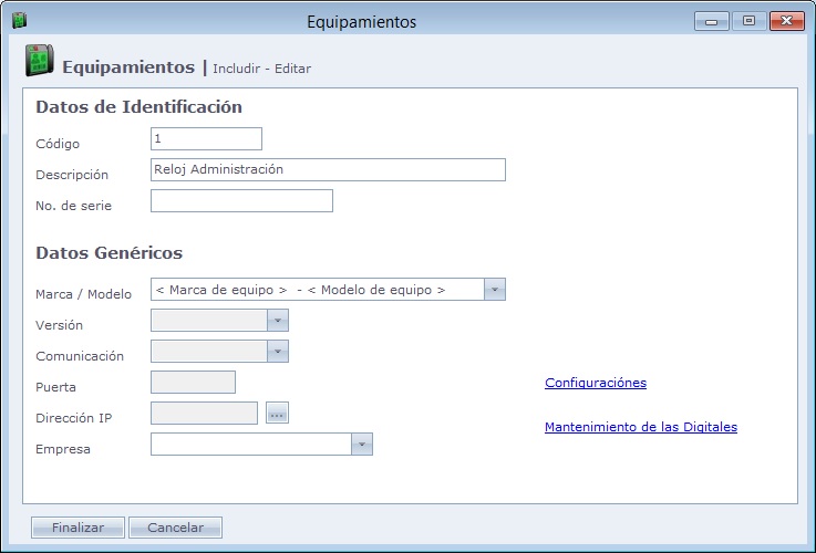 Pantalla de catastro de Equipamientos