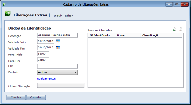 Cadastro de Liberação Extras 