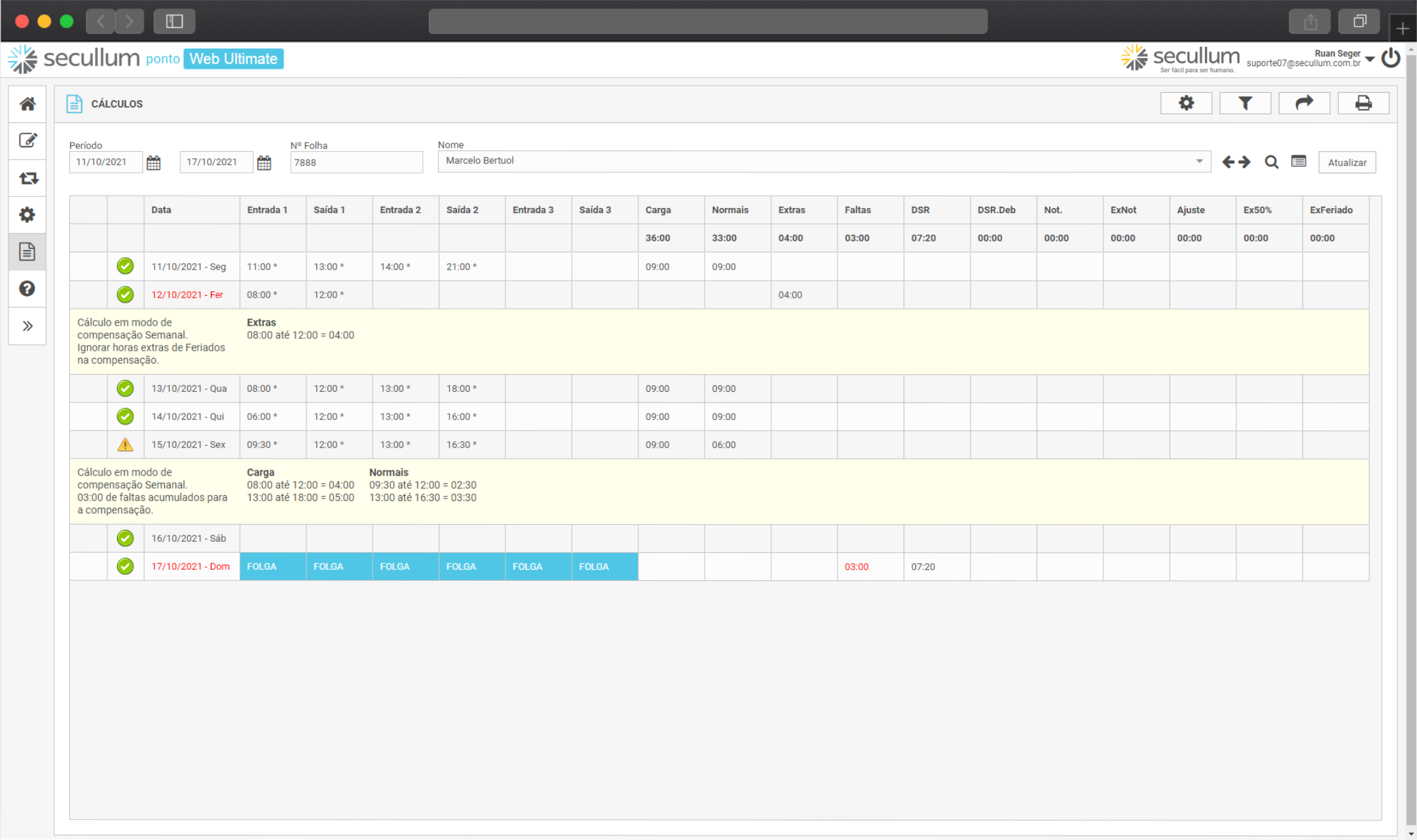 Ignorar horas extras destes dias