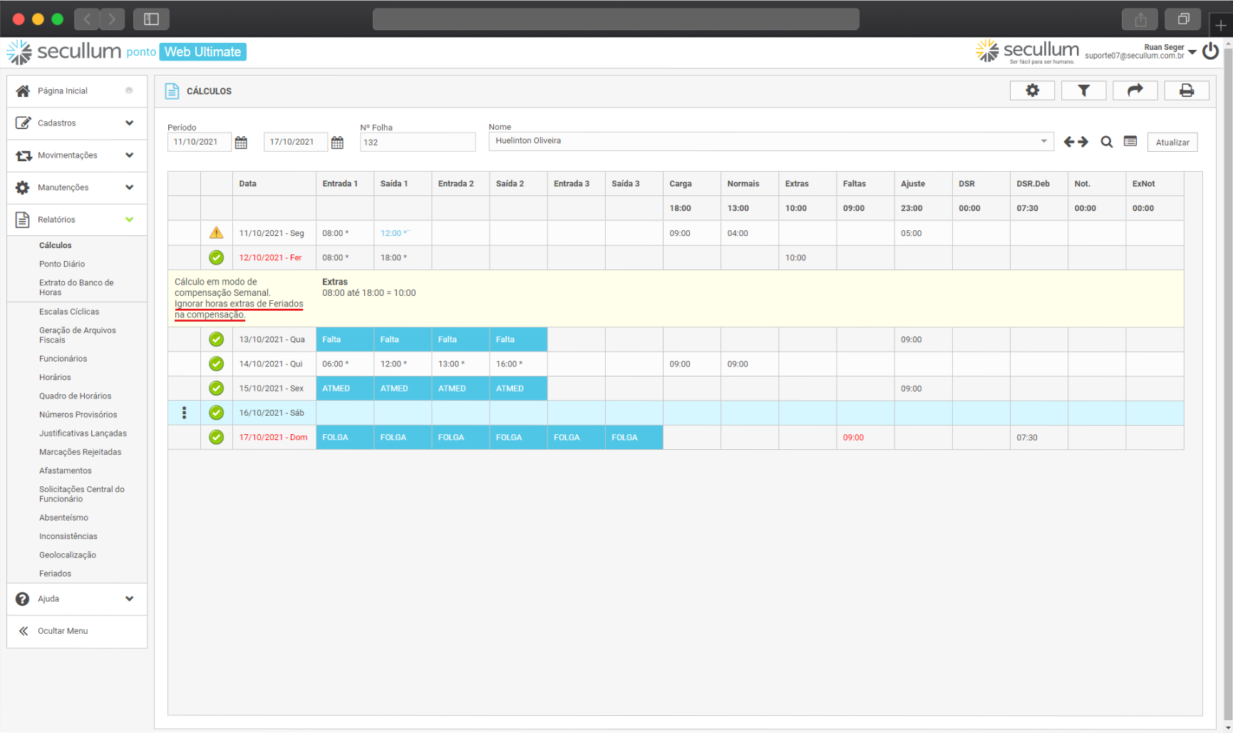 Ignorar horas extras destes dias