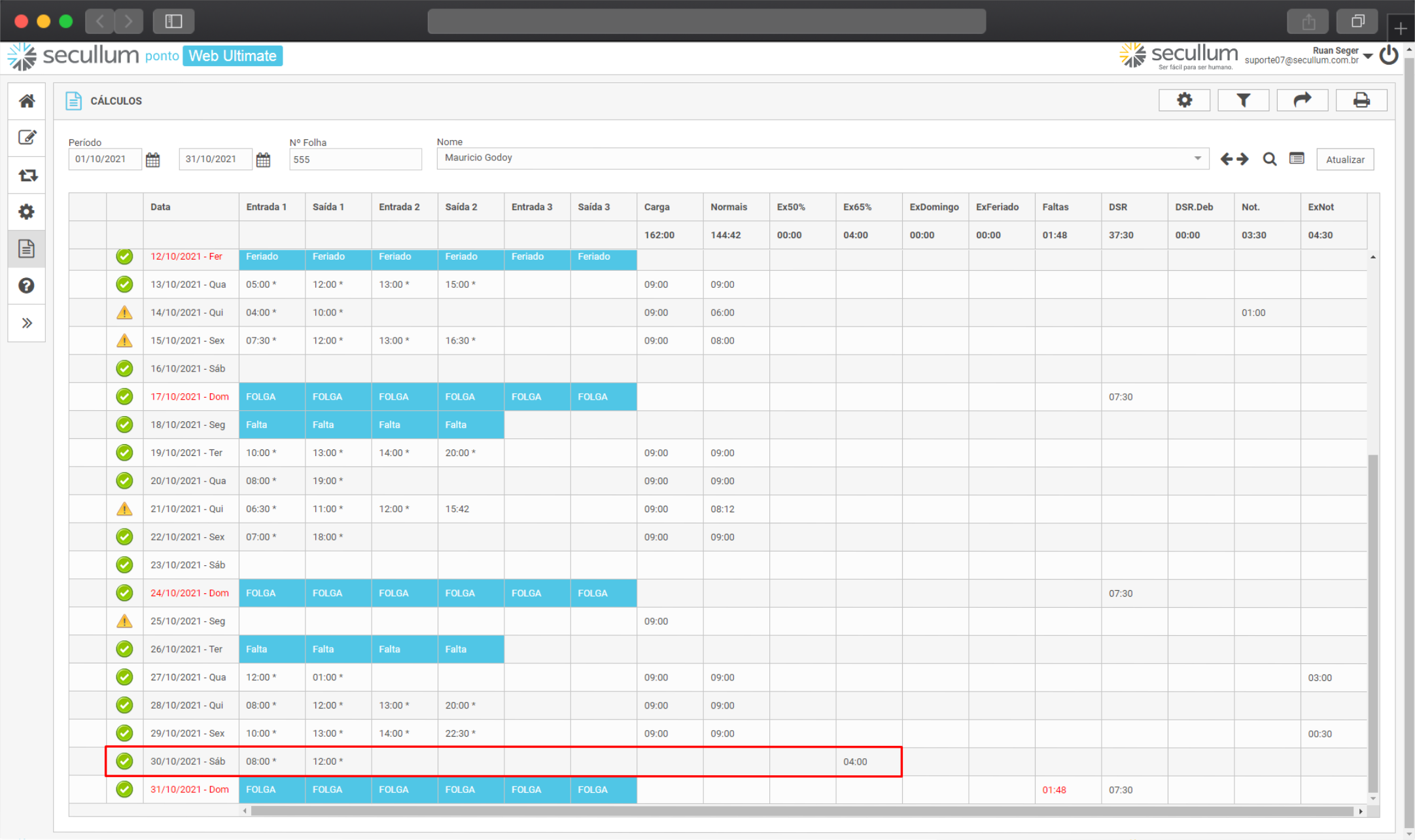 Ignorar horas extras destes dias