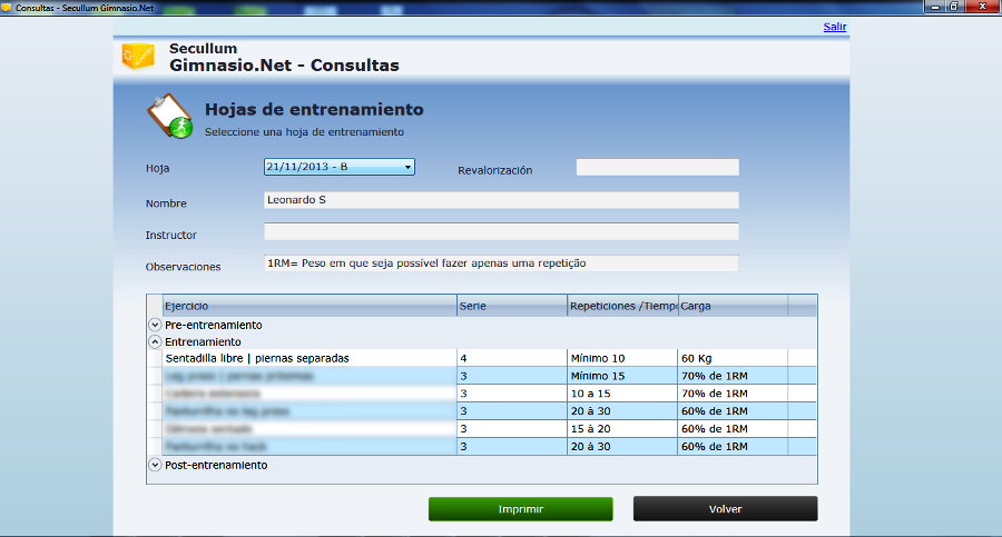 Módulo Consultas: Hojas de Entrenamiento