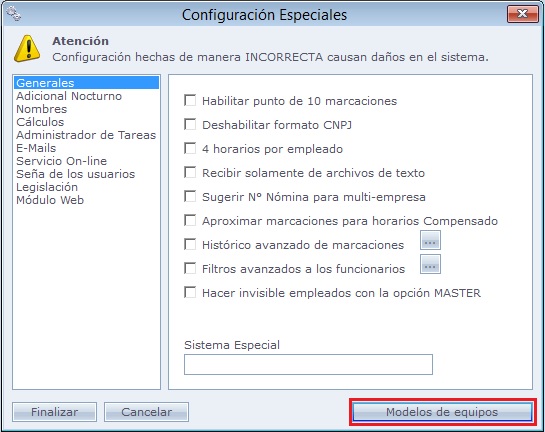 Configuración Especiales