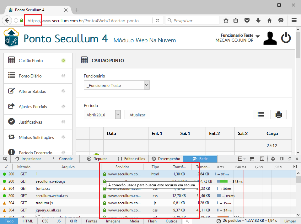 Página de Cartão Ponto de um funcionário teste